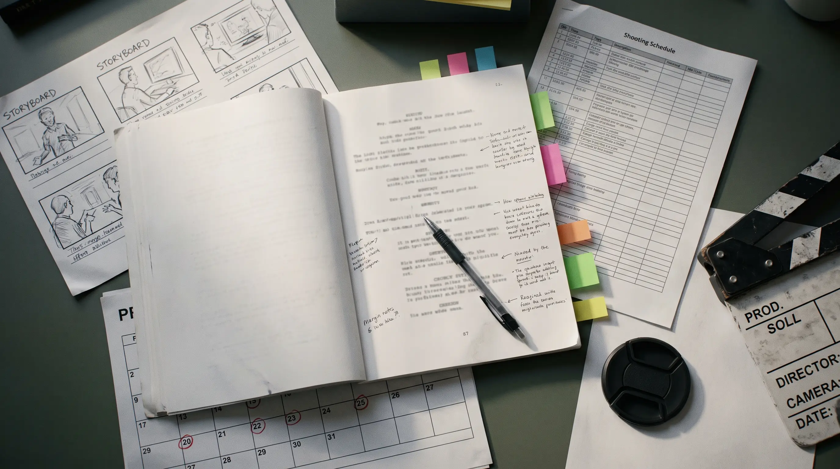 Script, storyboard, and shooting schedule on a pre-production desk